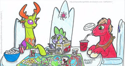Size: 1876x990 | Tagged: safe, artist:artistnjc, big macintosh, spike, thorax, changedling, changeling, dragon, earth pony, pony, g4, drinking straw, dungeons and dragons, food, guys night, king thorax, ogres and oubliettes, popcorn, roleplaying, tabletop game