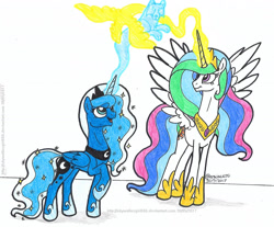 Size: 1969x1629 | Tagged: safe, artist:artistnjc, princess celestia, princess luna, alicorn, phoenix, pony, wolf, g4, ethereal, glowing horn, happy, horn, magic, magic aura, open mouth, sibling bonding, smiling, spread wings, wings