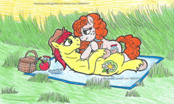 Size: 2009x1209 | Tagged: safe, artist:artistnjc, bright mac, pear butter, earth pony, pony, g4, the perfect pear, applejack's parents, boop, cuddling, female, looking into each others eyes, loving gaze, male, noseboop, picnic, picnic blanket, ship:brightbutter, shipping, straight, tall grass