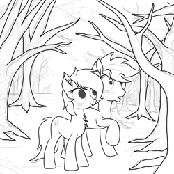 Size: 2000x2000 | Tagged: safe, artist:pizzamovies, oc, oc only, oc:pizzamovies, oc:sophie hoofington, earth pony, pony, blushing, ear piercing, female, forest, high res, lineart, male, mare, piercing, simple background, smiling, stallion
