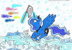 Size: 2157x1513 | Tagged: safe, artist:artistnjc, princess luna, alicorn, pony, g4, butterfly net, chase, dream realm, dream walker luna, gritted teeth, newbie artist training grounds, panicking, solo, spread wings, wings