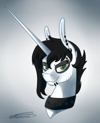 Size: 883x1080 | Tagged: safe, artist:crystalcontemplator, oc, oc only, pony, unicorn, bust, choker, ear piercing, gradient background, horn, makeup, piercing, signature, solo, unicorn oc