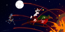 Size: 4000x2000 | Tagged: safe, artist:crystalcontemplator, oc, oc only, deer, pony, reindeer, christmas, duo, explosion, flying, full moon, glowing horn, hat, holiday, horn, magic, moon, night, santa hat, santa sack, sled, smiling, smirk, stars, telekinesis