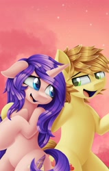 Size: 1272x2000 | Tagged: safe, artist:pyropk, feather bangs, oc, oc:melody verve, pony, unicorn, g4, canon x oc, couple, duo, horn, looking at each other, pink sky, simple background, smiling