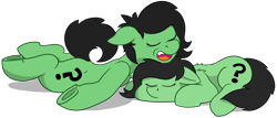 Size: 4032x1725 | Tagged: safe, artist:wispy tuft, oc, oc:anon, oc:filly anon, earth pony, pony, comfy, female, filly, green, question mark, simple background, sleeping, snoring, transparent background