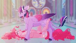 Size: 4354x2500 | Tagged: safe, artist:nyota71, pinkie pie, twilight sparkle, alicorn, earth pony, pony, alternate hairstyle, body markings, chest fluff, cloven hooves, colored hooves, colored pupils, colored wings, ear fluff, female, leonine tail, lesbian, looking at each other, lying down, mare, on back, pale belly, pinned, redesign, shipping, smiling, spots, sunlight, this will end in snu snu, throne room, twilight sparkle (alicorn), twinkie, unshorn fetlocks, wings
