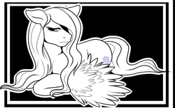 Size: 2061x1278 | Tagged: safe, artist:the-star-hunter, fluttershy, pony, g4, female, hair over one eye, lineart, lying down, mare, monochrome, prone, solo