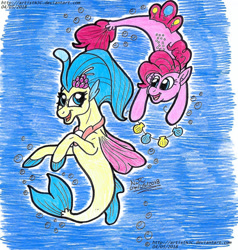 Size: 1492x1564 | Tagged: safe, artist:artistnjc, pinkie pie, princess skystar, seapony (g4), g4, my little pony: the movie, friendship, looking at each other, seaponified, seapony pinkie pie, seashell necklace, smiling, species swap, underwater