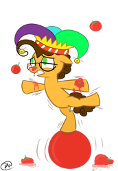 Size: 1100x1600 | Tagged: safe, artist:rem-ains, cheese sandwich, earth pony, pony, g4, abuse, balancing, ball, bipedal, colt, food, male, simple background, solo, tomato, transparent background, younger