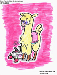Size: 1178x1540 | Tagged: safe, artist:artistnjc, paprika (tfh), alpaca, them's fightin' herds, apple, basket, cloven hooves, colored pencil drawing, community related, female, food, picnic basket, simple background, solo, tongue out, traditional art