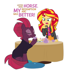 Size: 1200x1260 | Tagged: safe, artist:dm29, sunset shimmer, tempest shadow, pony, unicorn, equestria girls, g4, broken horn, cupcake, drinking, duo, eye scar, eyes closed, food, horn, open mouth, pillow, pointing at self, redemption, scar, simple background, table, tea, transparent background