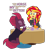 Size: 1200x1260 | Tagged: safe, artist:dm29, sunset shimmer, tempest shadow, pony, unicorn, equestria girls, g4, broken horn, cupcake, drinking, duo, eye scar, eyes closed, food, horn, open mouth, pillow, pointing at self, redemption, scar, simple background, table, tea, transparent background