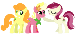 Size: 953x435 | Tagged: safe, artist:acuteexposure, artist:box-of-ideas, artist:selenaede, carrot top, golden harvest, roseluck, oc, oc only, oc:floral fragrance (ice1517), earth pony, pony, icey-verse, g4, base used, clothes, commission, eyes closed, family, female, flower, flower in hair, lesbian, magical lesbian spawn, mare, mother and child, mother and daughter, offspring, open mouth, parent:carrot top, parent:roseluck, parents:carrotluck, raised hoof, scarf, ship:carrotluck, shipping, simple background, tattoo, transparent background