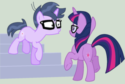 Size: 1060x712 | Tagged: safe, artist:jadeharmony, microchips, sci-twi, twilight sparkle, pony, unicorn, equestria girls, g4, butt, equestria girls ponified, female, looking at each other, male, microlight, plot, ponified, shipping, stairs, straight, twibutt, unicorn sci-twi