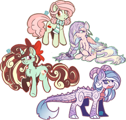 Size: 2255x2148 | Tagged: safe, artist:the-star-hunter, oc, oc only, dracony, dragon, earth pony, hybrid, pegasus, pony, unicorn, bow, braid, chest fluff, clothes, earth pony oc, hair bow, high res, horn, horns, one eye closed, pegasus oc, raised hoof, scarf, simple background, transparent background, unicorn oc, wings, wink
