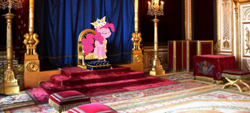 Size: 1034x469 | Tagged: safe, artist:tifzhe299, edit, pinkie pie, earth pony, pony, g4, beautiful, crown, eyes closed, irl, jewelry, photo, princess, queen, queen pinkie, regalia, royalty, solo, throne