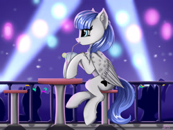 Size: 3850x2890 | Tagged: safe, artist:singovih, oc, oc only, oc:snow pup, pegasus, pony, club, collar, drinking, drinking straw, folded wings, glowstick, high res, light, nightclub, paw prints, pegasus oc, pet tag, railing, rave, silhouettes, sitting, solo, stool, wings