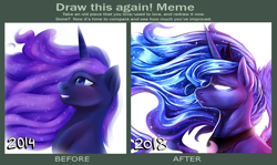 Size: 3175x1888 | Tagged: safe, artist:the-star-hunter, princess luna, alicorn, pony, g4, bust, comparison, draw this again, duo, ethereal mane, female, glowing eyes, mare, redraw, starry mane