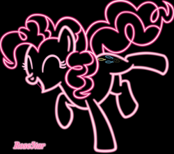 Size: 3510x3120 | Tagged: safe, artist:rose5tar, pinkie pie, earth pony, pony, g4, black background, cute, diapinkes, eyes closed, high res, neon, simple background, solo, standing, standing on one leg