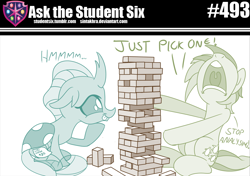 Size: 800x563 | Tagged: safe, artist:sintakhra, ocellus, sandbar, changedling, changeling, pony, tumblr:studentsix, annoyed, cpu, cpu usage, cute, diaocelles, duo, hmm, hoof on chin, jenga, nose in the air, post-it, sandbar is not amused, spread hooves, text, thinking, tongue out, unamused, volumetric mouth