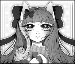 Size: 1371x1179 | Tagged: safe, artist:the-star-hunter, oc, oc only, earth pony, pony, bow, bust, clothes, earth pony oc, eyelashes, grayscale, hair bow, heart eyes, monochrome, smiling, solo, unshorn fetlocks, wingding eyes