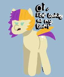 Size: 5000x6000 | Tagged: safe, artist:switcharoo, oc, oc only, oc:switchie, earth pony, pony, angry, annoyed, blue background, butt, earth pony oc, female, looking at you, looking back, mare, plot, shiny butt, simple background, solo, text, watermark