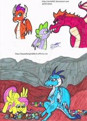Size: 1280x1790 | Tagged: safe, artist:artistnjc, fluttershy, garble, princess ember, smolder, spike, dragon, pegasus, pony, g4, sweet and smoky, confused, crossed arms, dragon egg, dragoness, egg, faceoff, female, glare, looking at each other, nose to nose, staredown, traditional art