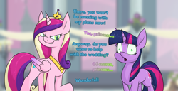 Size: 2890x1479 | Tagged: safe, artist:moonatik, queen chrysalis, twilight sparkle, alicorn, changeling, changeling queen, pony, unicorn, a canterlot wedding, g4, alternate ending, bad end, canterlot, dialogue, discussion in the comments, evil, fake cadance, female, gold, jewelry, mare, mind control, peytral, raised hoof, shaking, tiara, unicorn twilight
