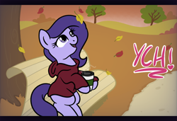 Size: 1536x1050 | Tagged: safe, artist:lannielona, pony, advertisement, autumn, bench, bush, clothes, coffee, coffee cup, commission, cup, grass, hoodie, hoof hold, hot drink, leaves, path, sky, smiling, solo, tree, your character here