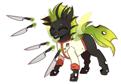 Size: 1342x932 | Tagged: safe, artist:ocelly, oc, oc only, oc:karl the changeling, changeling, chef, chef knife, chef outfit, commission, green changeling, happy, knife, male, scar, simple background, solo, thermometer, threatening, transparent background