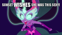 Size: 700x394 | Tagged: safe, edit, edited screencap, screencap, sci-twi, twilight sparkle, equestria girls, g4, my little pony equestria girls: friendship games, bare shoulders, caption, female, glowing eyes, image macro, implied sunset shimmer, midnight sparkle, open mouth, sleeveless, smiling, smirk, sneer, solo, strapless, text