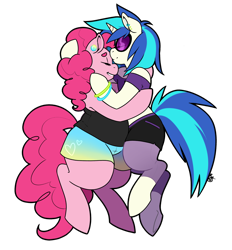 Size: 2760x2968 | Tagged: safe, artist:collaredginger, dj pon-3, pinkie pie, vinyl scratch, earth pony, pony, unicorn, anthro, chubby, fat, female, lesbian, pudgy pie, shipping, simple background, transparent background, vinylpie