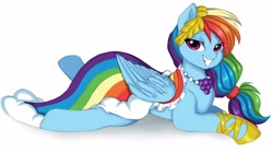 Size: 3804x2126 | Tagged: safe, artist:nijidashiey7, rainbow dash, pegasus, pony, g4, clothes, dignified wear, dress, female, gala dress, high res, lying down, mare, prone, simple background, smiling, solo, white background
