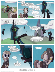 Size: 1200x1552 | Tagged: safe, artist:deusexequus, queen chrysalis, oc, oc:star spark, oc:steeltrap, oc:swift beak, changeling, changeling queen, earth pony, griffon, pony, unicorn, comic:fix, g4, changeling hive, comic, discussion in the comments, eyes closed, female, glowing horn, horn, open mouth, speech bubble