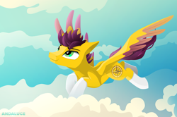 Size: 3043x2018 | Tagged: safe, artist:andaluce, oc, oc only, oc:yellow jack, pegasus, pony, cloud, flying, high res, lineless, sky, solo, spread wings, wings