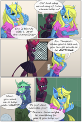 Size: 4450x6600 | Tagged: safe, artist:lilac blaze, tempest shadow, oc, oc:elytron, oc:sassy spirits, changeling, unicorn, anthro, unguligrade anthro, comic:livestream, g4, changeling oc, clothes, colored, comic, ear fluff, elbow fluff, fishnet clothing, fishnet stockings, jewelry, leather, lockers, mohawk, necklace, pearl necklace, pleated skirt, skirt