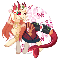 Size: 2243x2229 | Tagged: safe, artist:ponyrasmeii, oc, oc only, oc:akemi (ice1517), pony, seapony (g4), candy gore, clothes, commission, dress, food, gore, high res, jewelry, necklace, nonbinary, one eye closed, open mouth, raised hoof, raised leg, regalia, simple background, skirt, solo, sushi, sushi pony, transparent background, unshorn fetlocks, wink
