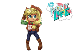 Size: 2039x1447 | Tagged: safe, artist:theladysknight, applejack, human, g4.5, my little pony: pony life, alternate hairstyle, applejack's hat, bandana, belt, boots, clothes, cowboy hat, cowboy vest, cowgirl, ear piercing, earring, female, freckles, gloves, hat, humanized, jeans, jewelry, pants, piercing, shirt, shoes, simple background, smiling, solo, transparent background, vest