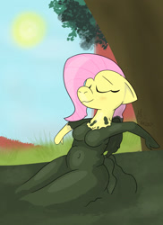 Size: 930x1280 | Tagged: safe, artist:sebaku, fluttershy, anthro, g4, breasts, busty fluttershy, covered in mud, eyes closed, messy, mud, mud bath, solo, squishy, wet and messy