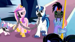 Size: 320x180 | Tagged: safe, edit, edited screencap, screencap, princess cadance, princess flurry heart, shining armor, pony, g4, the beginning of the end, animated, chains, gag, gif, muzzle gag