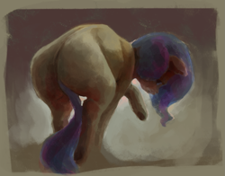 Size: 1445x1131 | Tagged: safe, artist:sharpieboss, bon bon, sweetie drops, earth pony, pony, g4, butt, female, floppy ears, hunched over, looking back, mare, missing cutie mark, plot, raised hoof, sad, simple background, solo