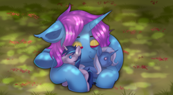 Size: 3360x1860 | Tagged: safe, artist:dinoalpaka, shining armor, trixie, oc, oc only, oc:chroma wave, bat pony, pony, colt, commission, ear fluff, eyes closed, floppy ears, high res, horn, lying down, male, sleeping, smiling, solo, toy