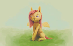 Size: 3080x1947 | Tagged: safe, artist:sharpieboss, fluttershy, pegasus, pony, g4, female, fluffy, grass, jewelry, looking down, mare, missing cutie mark, necklace, open mouth, sitting, solo, spread wings, wings