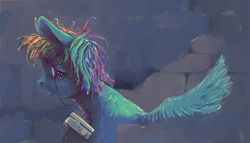 Size: 2150x1229 | Tagged: safe, artist:sharpieboss, rainbow dash, pegasus, pony, g4, brick wall, female, fluffy, mare, monocle, radio, solo, spread wings, wings