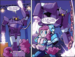 Size: 1000x750 | Tagged: safe, artist:caseycoller, edit, idw, pinkie pie, earth pony, pony, g4, autobot, comic, crossover, decepticon, female, gauge (autobot), mare, shockwave, spatula, text edit