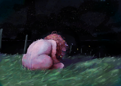 Size: 2912x2059 | Tagged: safe, artist:sharpieboss, pinkie pie, earth pony, semi-anthro, g4, cloud, confetti, female, fence, floppy ears, fluffy, grass, grass field, high res, hunched over, mare, missing cutie mark, night, sad, sitting, solo, spine, stars, windswept mane