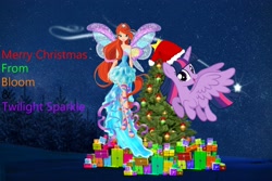 Size: 3000x2000 | Tagged: safe, artist:frownfactory, artist:user15432, twilight sparkle, alicorn, fairy, human, pony, g4, barely pony related, bloom (winx club), christmas, christmas card, christmas gift, christmas lights, christmas ornament, christmas ornaments, christmas presents, christmas star, christmas tree, crossover, decoration, fairy wings, harmonix, hat, high res, holiday, merry christmas, night, ornament, ornaments, present, rainbow s.r.l, red hat, santa hat, shooting star, sparkly wings, stars, tree, twilight sparkle (alicorn), wings, winter, winx club