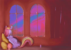 Size: 2923x2051 | Tagged: safe, artist:sharpieboss, rainbow dash, pegasus, pony, g4, curtains, facing away, female, high res, mare, pillow, resting, room, sky, solo, window