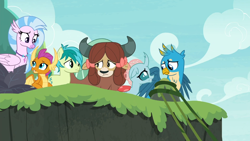 Size: 1366x768 | Tagged: safe, screencap, gallus, ocellus, sandbar, silverstream, smolder, yona, changedling, changeling, dragon, earth pony, griffon, hippogriff, pony, yak, g4, non-compete clause, dragoness, female, male, student six