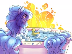 Size: 2160x1620 | Tagged: safe, artist:demon-belle, oc, oc only, oc:dozy down, earth pony, pony, bathtub, female, mare, rubber duck, solo